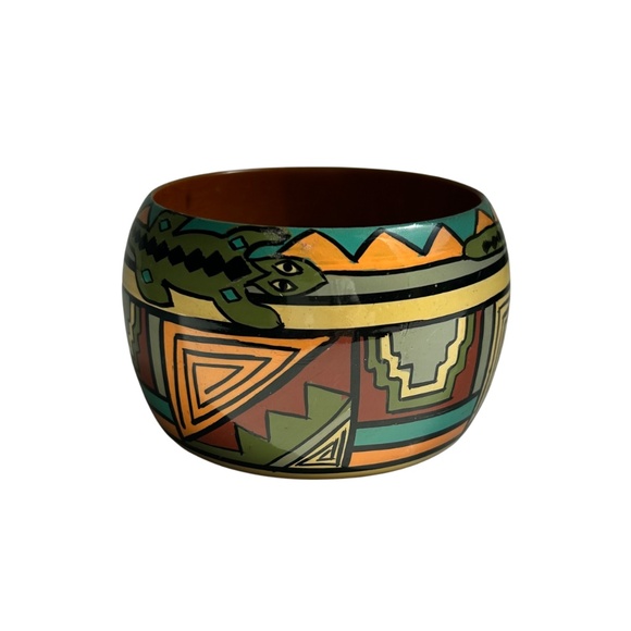 Handpainted Artisan Aztec Snake Pattern Green Brown Wide Wood Bracelet - Picture 2 of 7